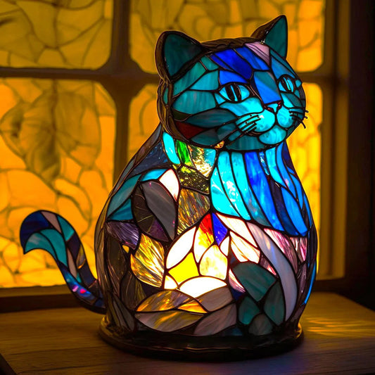 Vintage Stained Glass Cat Table Lamp