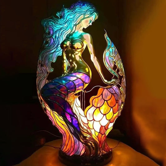 Vintage Stained Glass Mermaid Table Lamp