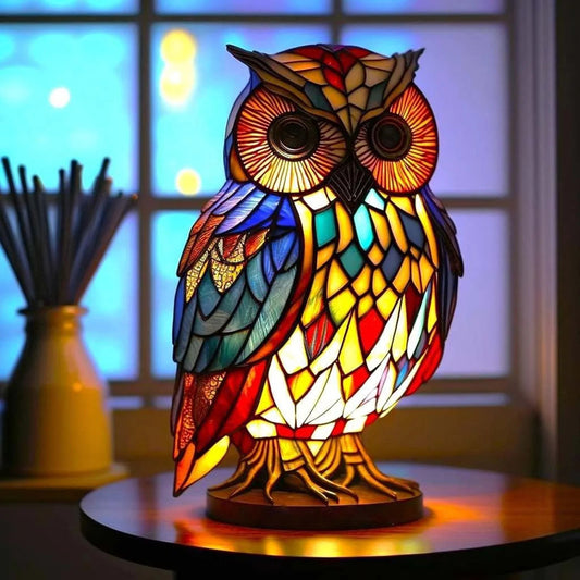 Vintage Stained Glass Owl Table Lamp