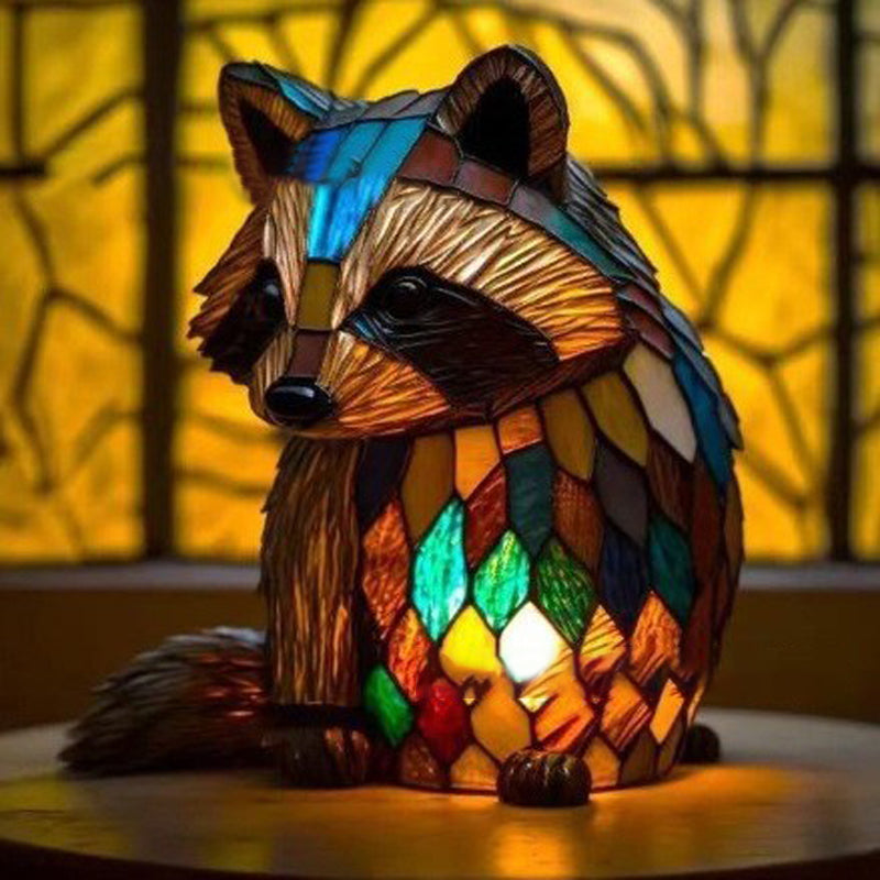 Vintage Stained Glass Raccoon Table Lamp