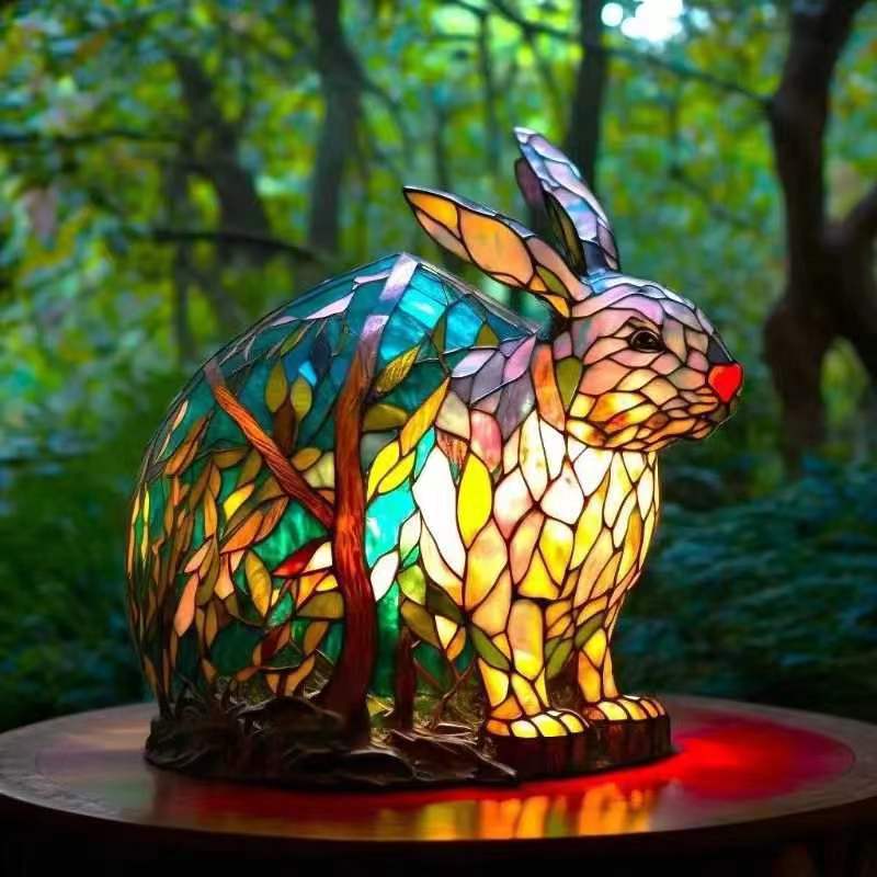 Vintage Stained Glass Rabbit Table Lamp