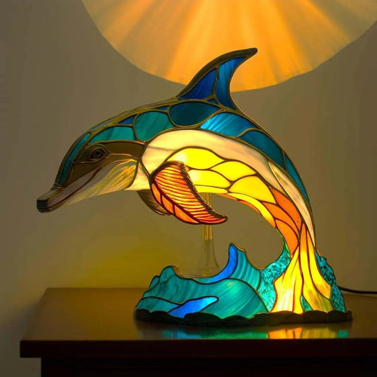 Vintage Stained Glass Dolphin Table Lamp