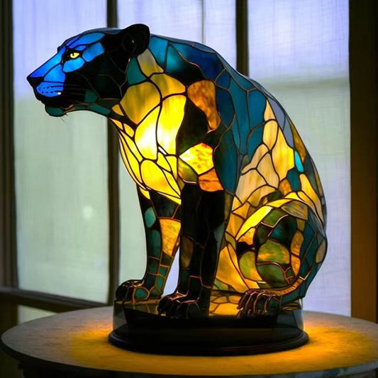 Vintage Stained Glass Leopard Table Lamp