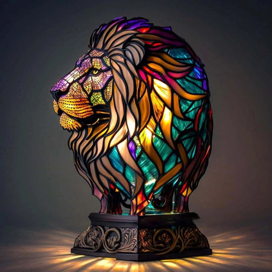 Vintage Stained Glass Lion Table Lamp