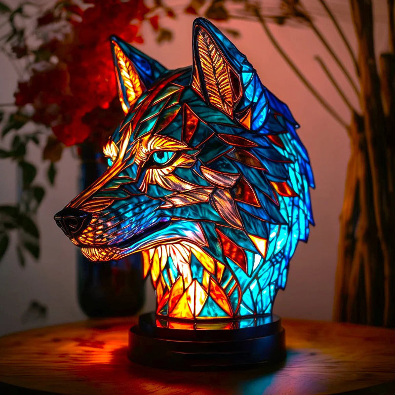 Vintage Stained Glass Wolf Table Lamp